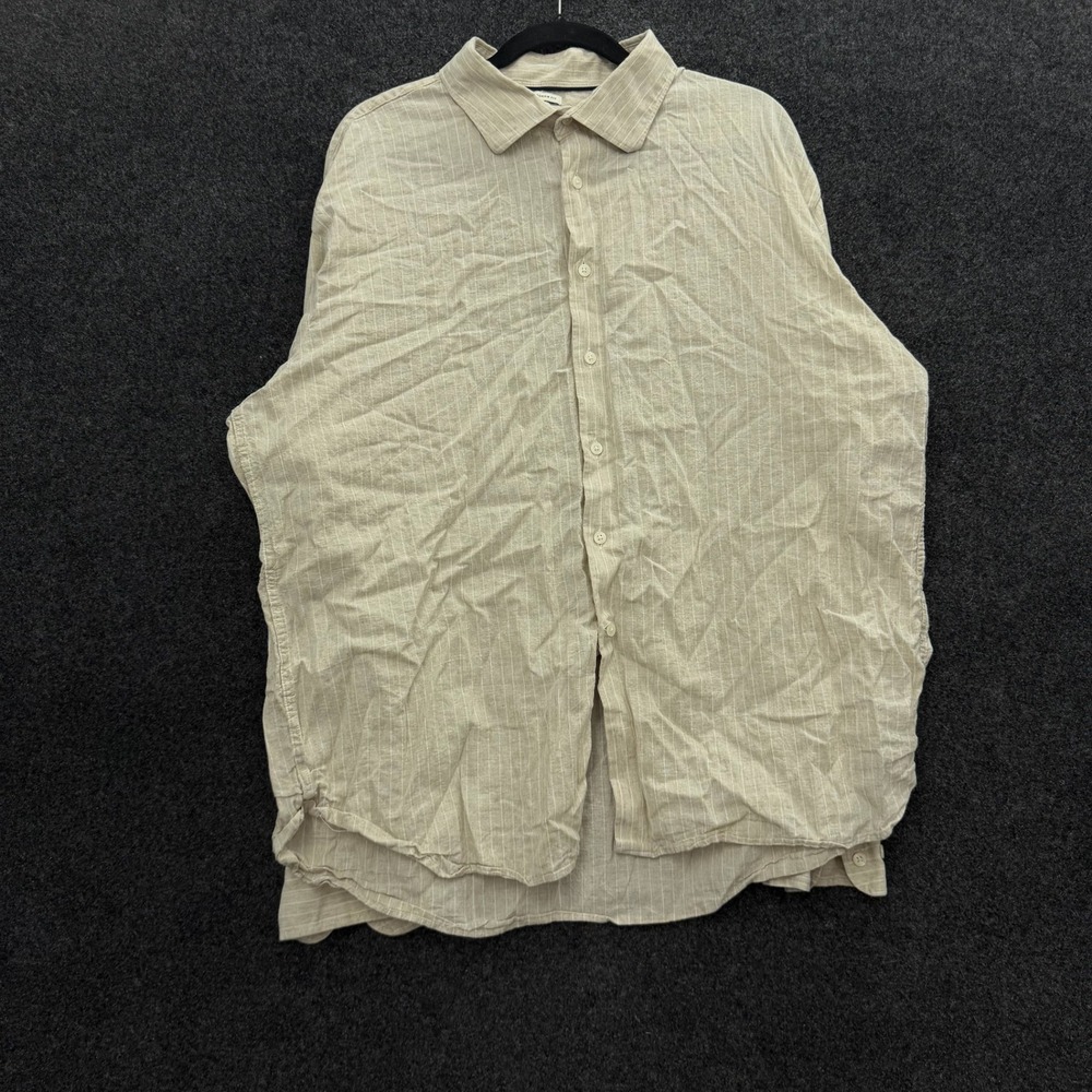 Joseph Abboud Mens XXL Linen Cotton Pinstripe Button Down Shirt Tan 90s Fit